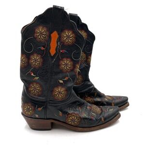 Lucchese Western Boots Black Leather Floral Embroidered Block Heel Sz 7 Women's